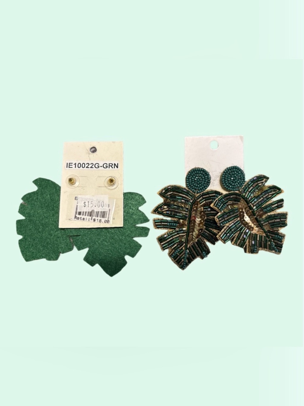 Green Beaded Leaf Statement Earrings